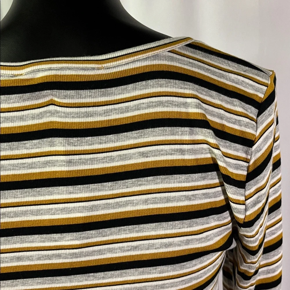 NWT LOFT Mustard Yellow Black & Gray Striped Long Sleeve Round Neck Top